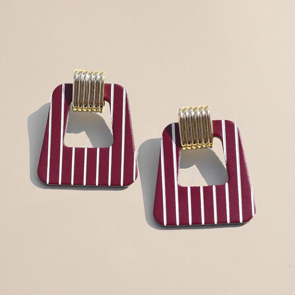 Burgundy Pinstripe Avery | Nickel & Suede | Lightweight Leather Earrings