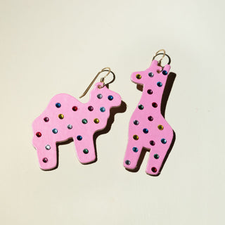 Pink Giraffe and Camel Cookie Earrings - Nickel & Suede