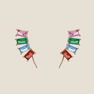 Multicolor Crystal Baguette Ear Climbers - Nickel & Suede