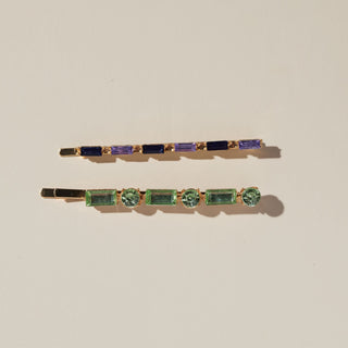 Sage and Periwinkle Crystal Hair Pin Set - Nickel & Suede