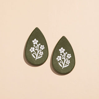 Basil Floral Stamp Post Teardrop Leather Earrings