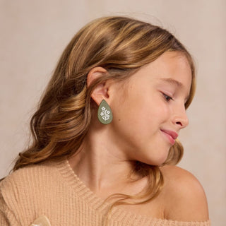Basil Floral Stamp Post Teardrop Leather Earrings