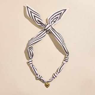 Black & White Stripe Satin Scarf Necklace in Gold