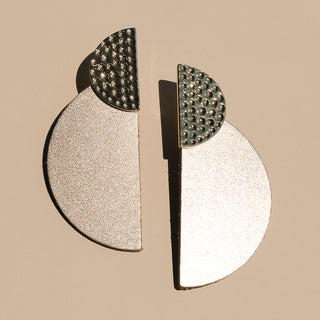 Champagne Satin Demi Half Circle Leather Statement Earrings
