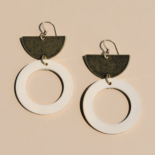 Cream Geometric Leather and Metal Drop Earrings