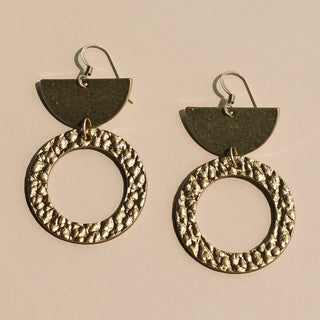 Hammered Gold Geometric Leather and Metal Drop Earrings