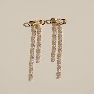 Gold Long Crystal Bow Drop Studs