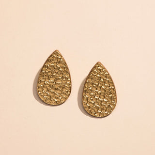 Hammered Gold Post Teardrop Leather Earrings