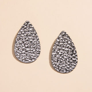 Hammered Silver Post Teardrop Leather Earrings