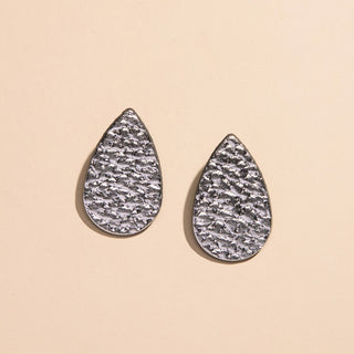 Hammered Silver Post Teardrop Leather Earrings