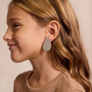 Hammered Silver Post Teardrop Leather Earrings
