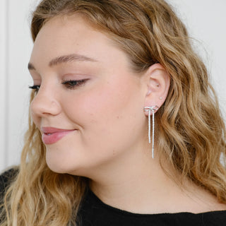 Silver Long Crystal Bow Drop Studs