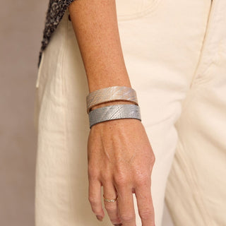 Gray Metallic Lattice Thin Leather Cuff Bracelet