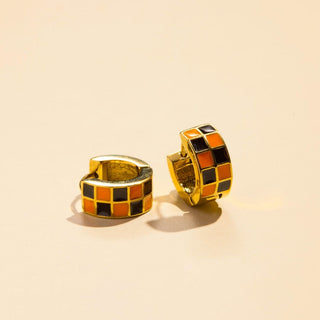 Black & Orange Checkered Enamel Huggie Earrings