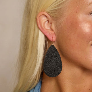 Pebbled Black Teardrop Leather Earrings