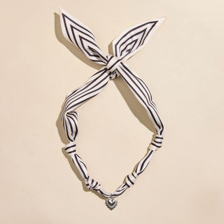 Black & White Stripe Satin Scarf Necklace in Silver