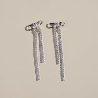 Silver Long Crystal Bow Drop Studs