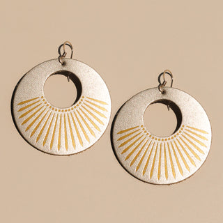 Gold Satin Sunburst Nova Circle Leather Earrings