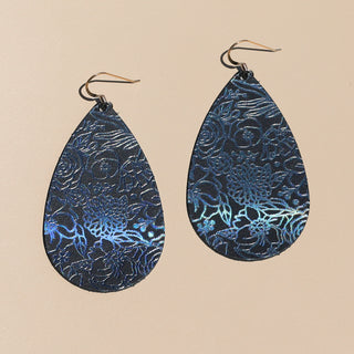 Black Holographic Bouquet Teardrop Leather Earrings