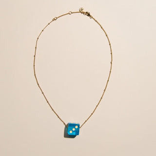 Aqua Blue Dice Charm Necklace - Nickel & Suede