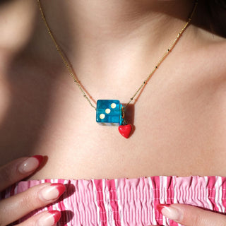 Aqua Blue Dice Charm Necklace - Nickel & Suede