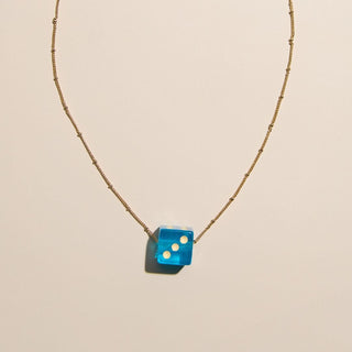 Aqua Blue Dice Charm Necklace - Nickel & Suede