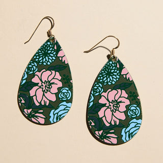 Basil Fall Floral Teardrop Leather Earrings - Nickel & Suede