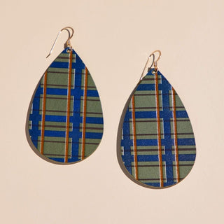 Basil Tartan Teardrop Leather Earrings - Nickel & Suede
