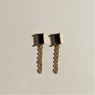 Black Baguette Chain Drop Studs - Nickel & Suede