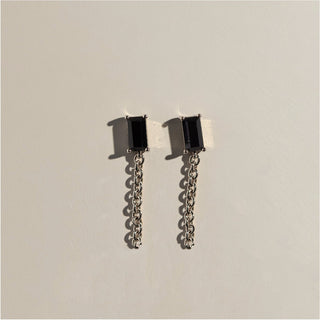 Black Baguette Chain Drop Studs - Nickel & Suede