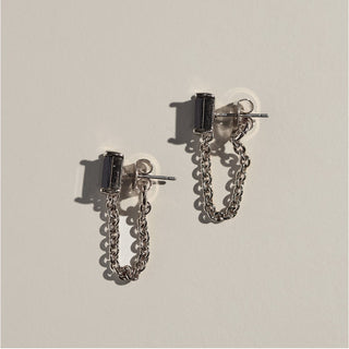 Black Baguette Chain Drop Studs - Nickel & Suede