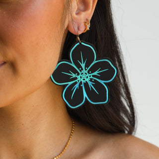 Black Basic Lilo Hibiscus Leather Statement Earrings - Nickel & Suede