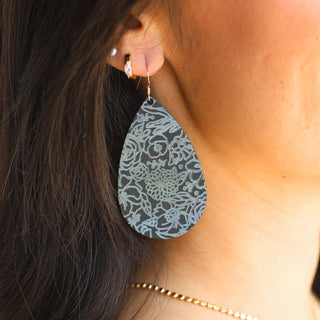 Black Holographic Bouquet Teardrop Leather Earrings - Nickel & Suede