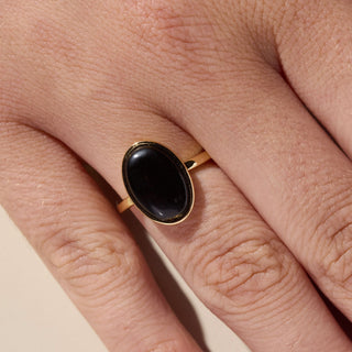 Black Oval Stone Ring - Nickel & Suede