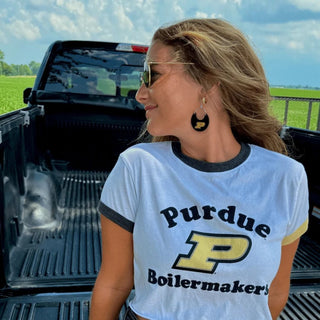 Black Purdue University Nina Leather Hoop Earrings - Nickel & Suede