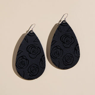 Black Shimmer Rosette Teardrops - Nickel & Suede