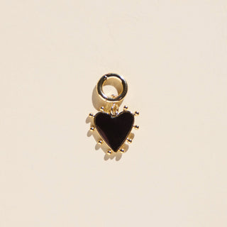 Black Studded Heart Charm - Nickel & Suede