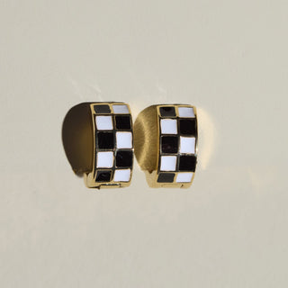 Black & White Checkered Enamel Huggies - Nickel & Suede