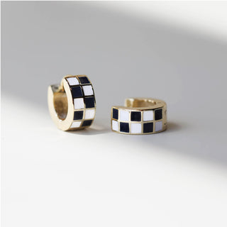 Black & White Checkered Enamel Huggies - Nickel & Suede