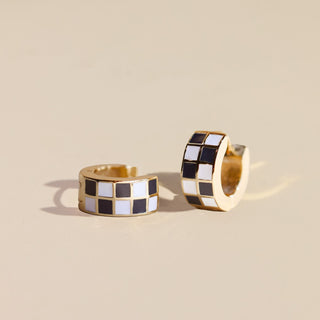 Black & White Checkered Enamel Huggies - Nickel & Suede