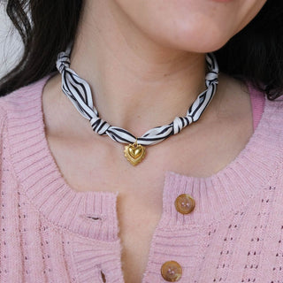 Black & White Stripe Satin Scarf Necklace in Gold - Nickel & Suede