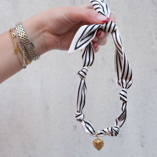 Black & White Stripe Satin Scarf Necklace in Gold - Nickel & Suede
