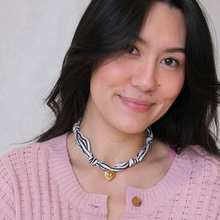 Black & White Stripe Satin Scarf Necklace in Gold - Nickel & Suede