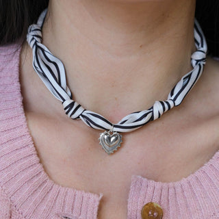 Black & White Stripe Satin Scarf Necklace in Silver - Nickel & Suede
