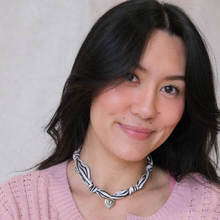 Black & White Stripe Satin Scarf Necklace in Silver - Nickel & Suede