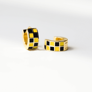 Black & Yellow Checkered Enamel Huggies - Nickel & Suede