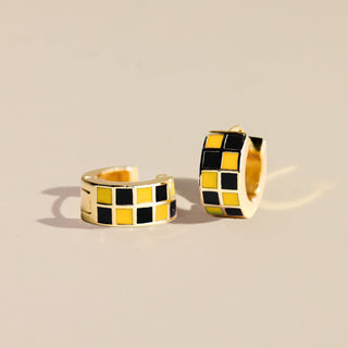 Black & Yellow Checkered Enamel Huggies - Nickel & Suede