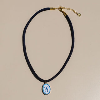 Blue Bow Hand Painted Enamel Charm Necklace - Nickel & Suede