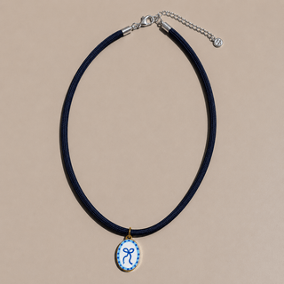 Blue Bow Hand Painted Enamel Charm Necklace - Nickel & Suede