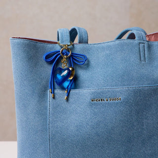 Blue Heart & Cord Bag Charm - Nickel & Suede